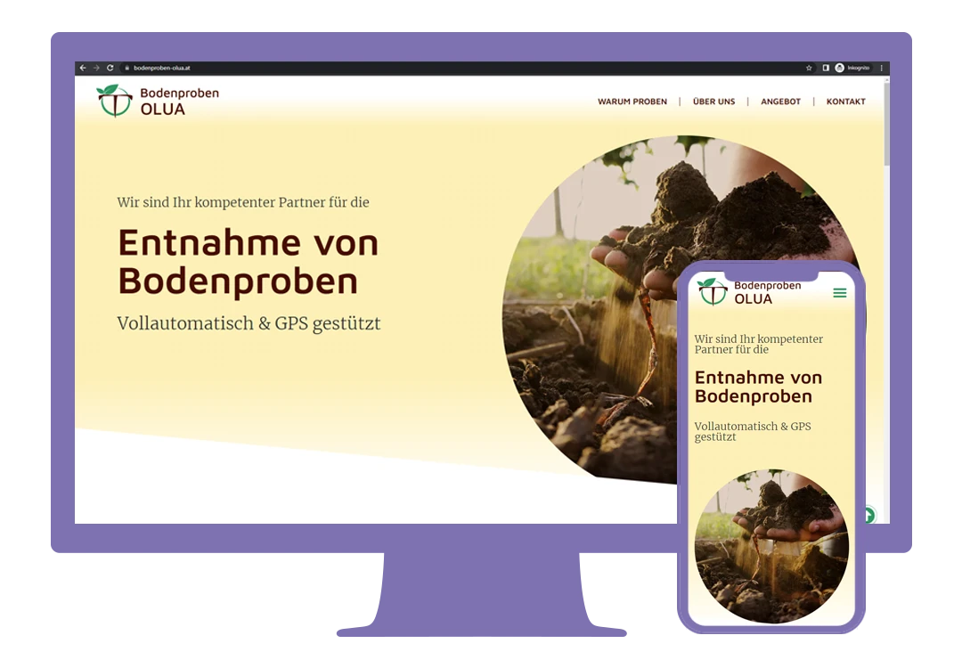 Website-Projekt: Bodenproben Olua. Above the fold befinden sich der Einleitungstext sowie ein dazu passendes großes Bild