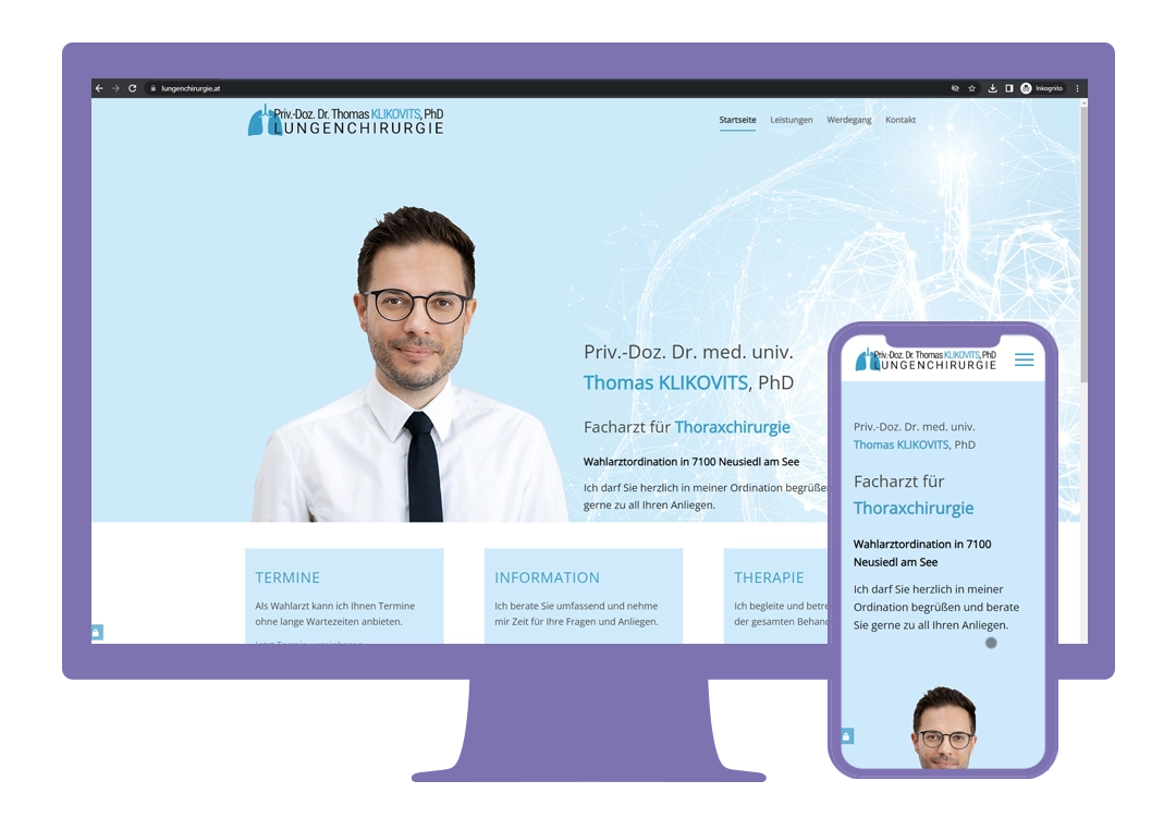 Webdesign: above the folg - freigestelltes Portraitbild des Arztes Thomas Klikovits sowie erste Infos zur Ordination