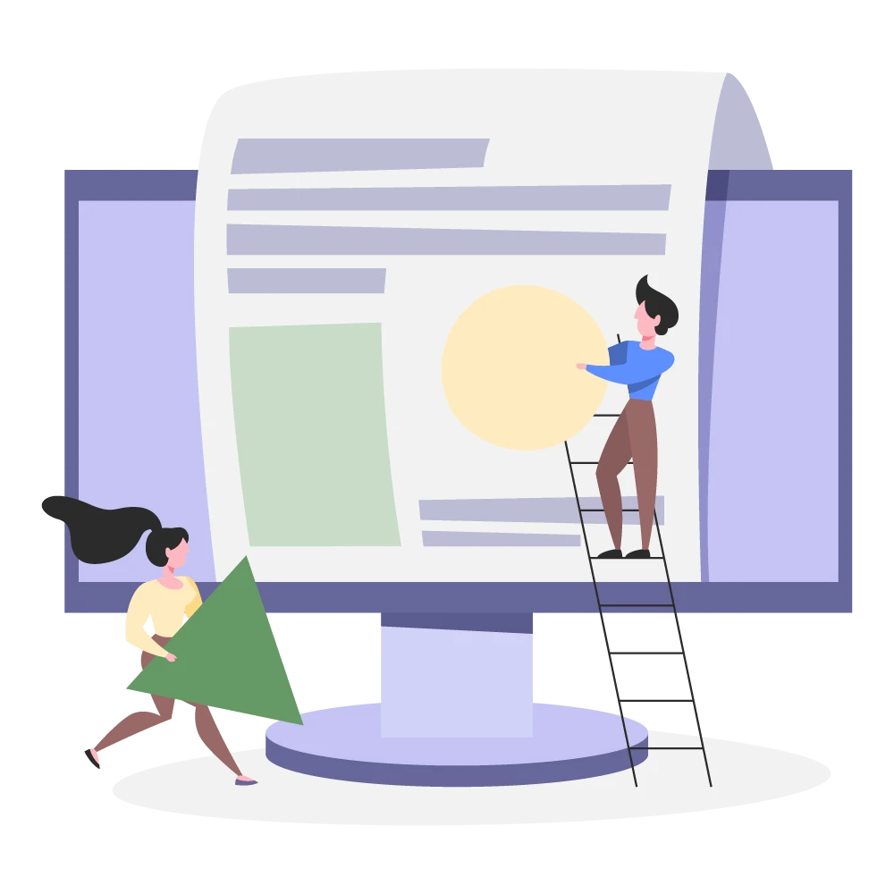 Illustration zum Thema "Website erstellen": Dokument mit verschiedenen Formen (Zeilen, Rechteck, Kreis) wird von 2 Menschen auf einen Monitor übertragen