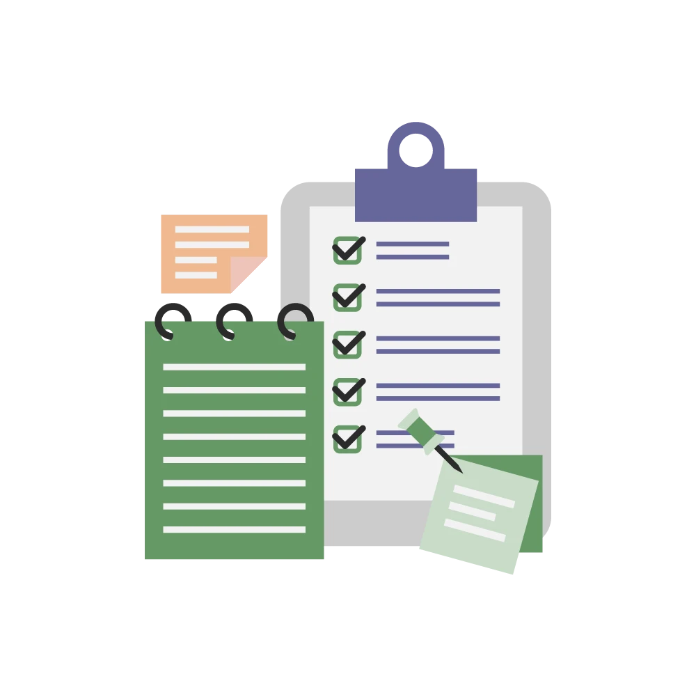 Illustration eines Clipboards mit einer Checkliste sowie einem Notizblock daneben