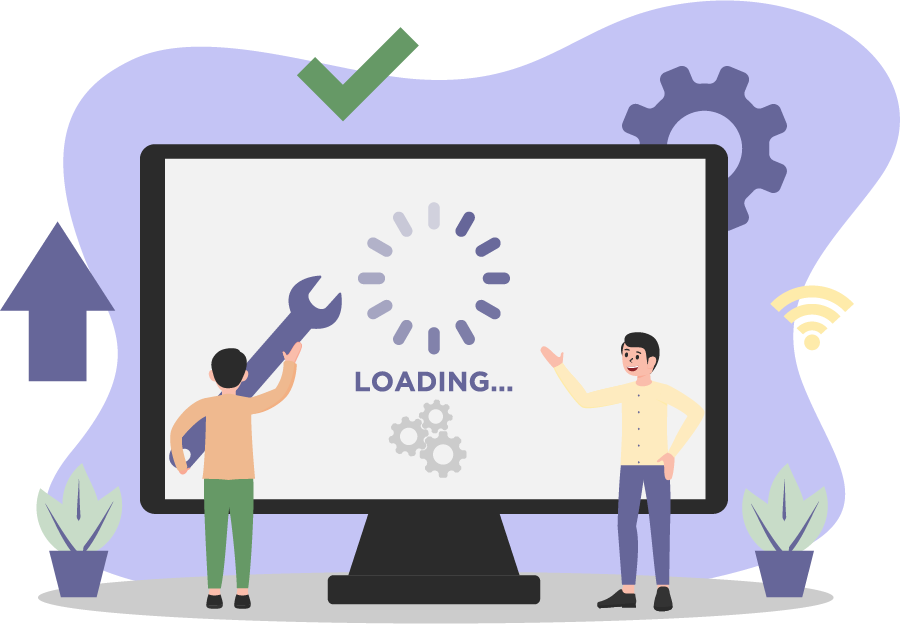 Illustration eines Monitors mit einem Ladekringel und dem Schriftzug LOADING darunter. 2 Menschen stehen davor. Einer links mit einem überdimensionalen Schraubenschlüssel, einer rechts mit der anderen Person sprechend.