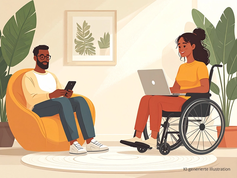 Illustration: Mann mit Brille am Smartphone lesend, Frau im Rollstuhl am Laptop lesend