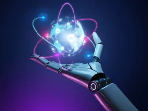 Roboterhand hält einen leuchtenden, halbtransparenten Globus