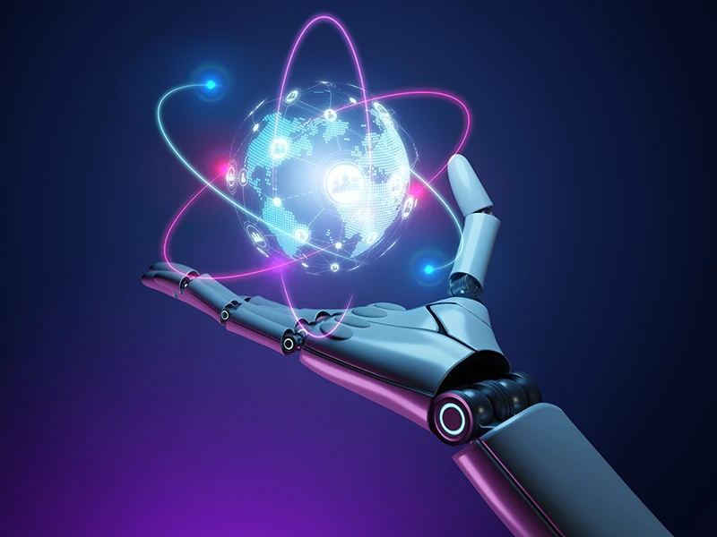 Roboterhand hält einen leuchtenden, halbtransparenten Globus