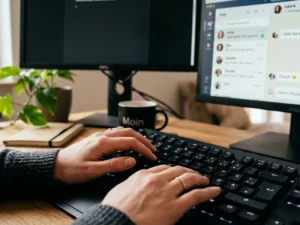 Hände auf einer Tastatur, im Hintergrund leicht unscharf ein zwei Bildschirme. Einer mit offenem Chat-Interface.